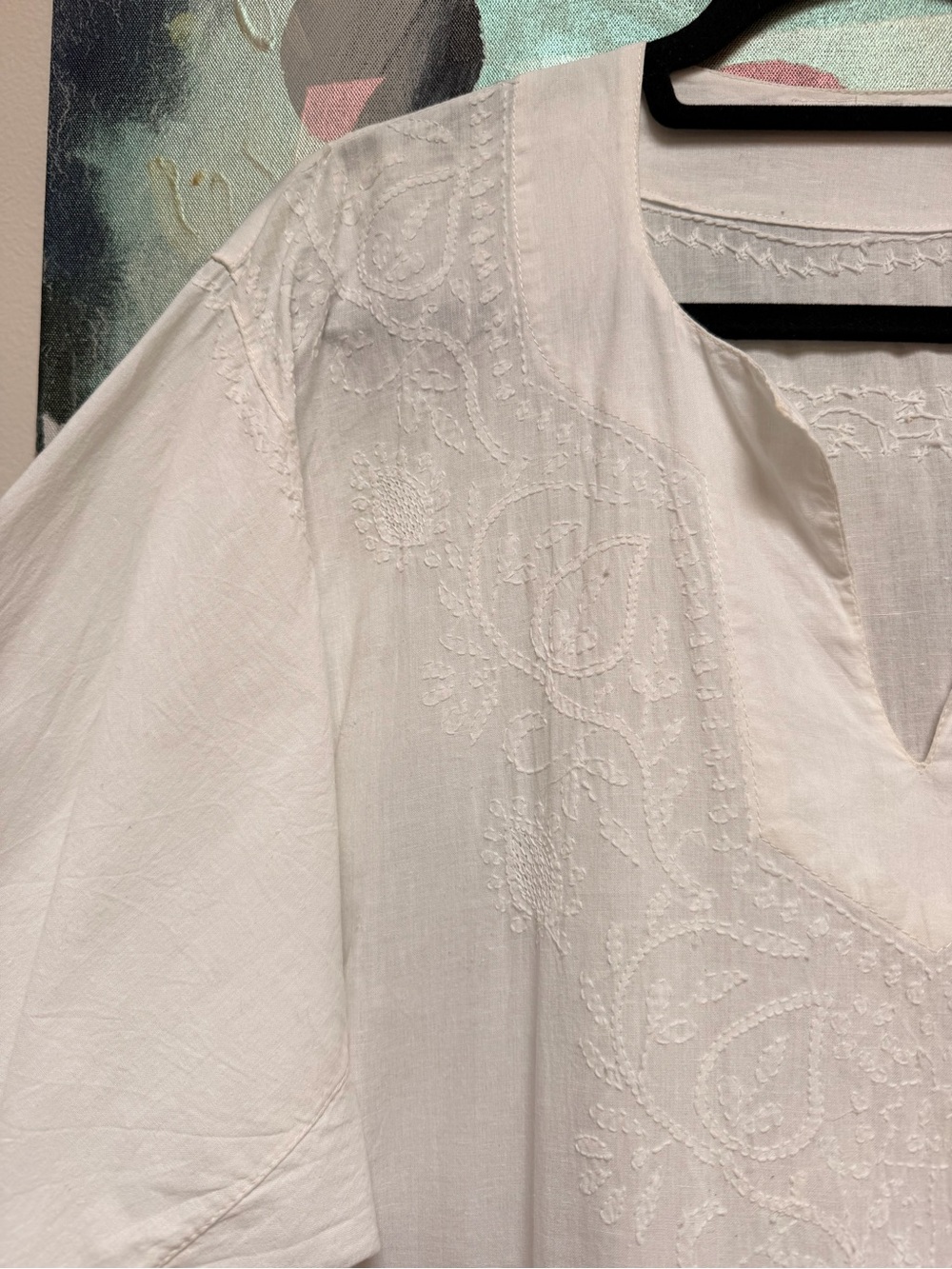 Vintage Indian Cotton Caftan Bohemian 70s Hippie Embroidered White XL - Picture 3 of 10